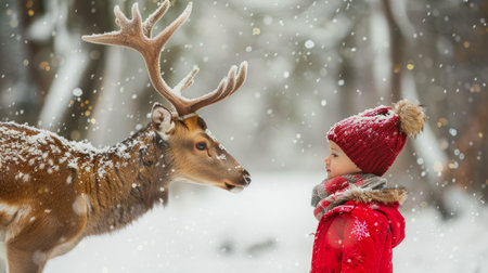 Caucasian girl in a red jacket encountering a reindeer in a snowy forest. Concept of winter, reindeer, childhood wonder, nature.の素材