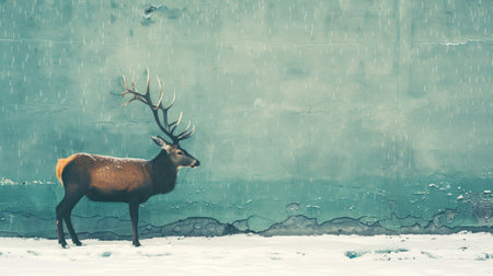Majestic deer with antlers standing on snow against a weathered wall. Concept of wildlife, nature, winter, solitude.の素材