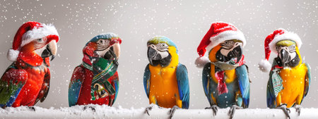 Macaws in festive Santa hats and scarves perched in snowfall. Concept of Christmas birds, holiday season, festive decorations, winter celebration.の素材