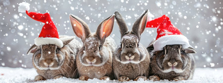 Cute rabbits wearing Christmas costumes in a snowy setting. Concept of holiday season, festive decorations, winter animals, pet celebration.の素材
