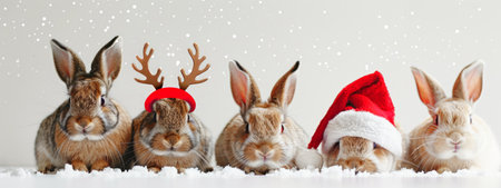 Cute rabbits wearing Christmas costumes in a snowy setting. Concept of holiday season, festive decorations, winter animals, pet celebration.の素材