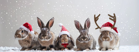 Cute rabbits wearing Christmas costumes in a snowy setting. Concept of holiday season, festive decorations, winter animals, pet celebration.の素材