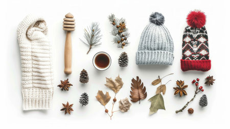 Winter knitted hats with autumn and winter elements on white background. Concept of seasonal fashion, warmth, nature, rustic.の素材