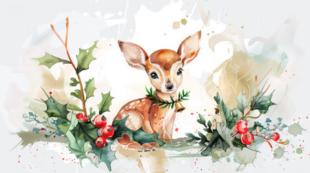 Watercolor art of a baby deer with holly leaves and berries on a winter background. Concept of Christmas, holiday season, wildlife, festive art.の素材