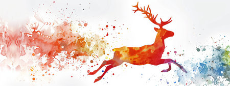 Vibrant watercolor of a leaping reindeer with colorful splashes. Concept of wildlife, art, nature, holiday season. Copy space. Banner.の素材