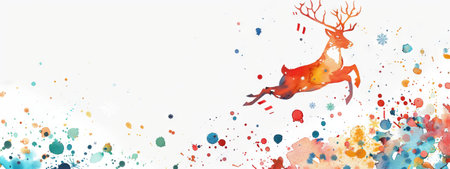 Vibrant watercolor of a leaping reindeer with colorful splashes. Concept of wildlife, art, nature, holiday season. Copy space. Banner.の素材