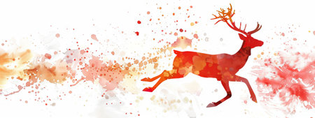 Vibrant watercolor of a leaping reindeer with colorful splashes. Concept of wildlife, art, nature, holiday season. Copy space. Banner.の素材