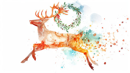 Watercolor painting of a reindeer with a wreath. Concept of Christmas, holiday season, wildlife, festive decoration.の素材