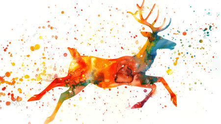 Colorful watercolor silhouette of a leaping reindeer surrounded by abstract splashes. Concept of wildlife, nature, artistic design, festive imagery.の素材
