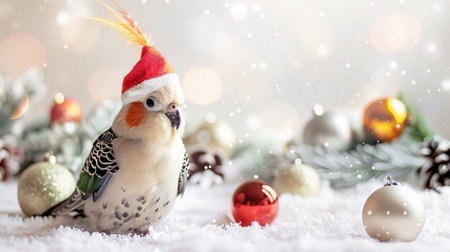 Cockatiel with a Santa hat among Christmas ornaments. Concept of holiday pets, festive birds, Christmas decorations, holiday cheer.の素材