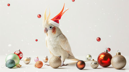 Cockatiel with a Santa hat among Christmas ornaments. Concept of holiday pets, festive birds, Christmas decorations, holiday cheer.の素材