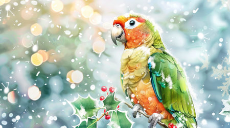Colorful parrot perched on a snow-covered branch with Christmas lights. Concept of winter, holiday season, bird, nature.の素材