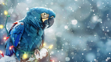 Blue parrot with colorful lights in a snowy background. Concept of exotic bird, winter holiday, festive decoration, Christmas lights.の素材