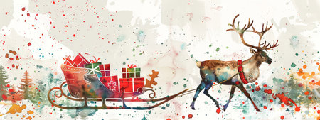 Colorful watercolor art of a reindeer pulling a sleigh full of gifts on a festive splash background. Concept of holiday season, Christmas, winter celebration, festive illustration.の素材