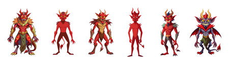 Set of cartoon devil characters with glowing eyes isolated on white background. Concept of Halloween, fantasy creature, mythical demon, villainous imp, digital art. Print, illustration, design elementのイラスト素材