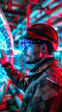 Industrial worker with futuristic AR glasses in a high-tech environment. Concept of virtual reality, manufacturing, technology integration, safety equipment, factory.の素材