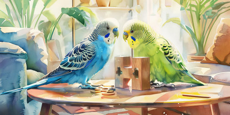 Watercolor painting of two budgerigars in cozy living room with plants and toys. Concept of pet birds, indoor greenery, home comfort, parakeet interaction, entertainment, care, toys, bird playground.の素材
