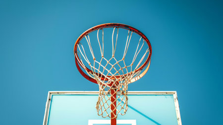 Basketball hoop with net against a clear blue sky. Concept of sports equipment, basketball court, outdoor activities, hoops.の素材