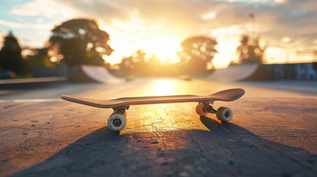 Skateboard at an empty skate park during sunrise. Concept of skateboarding, sport, outdoor activity, urban lifestyle.の素材