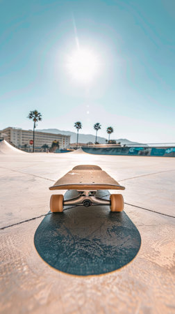 Wooden skateboard on an urban skatepark ramp under a blue sky with bright sun. Concept of skateboarding, extreme sports, urban lifestyle, outdoor activity. Vertical.の素材