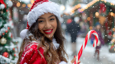 Young woman in a Santa hat holding a candy cane amid snowfall during Christmas celebration. Concept of holiday season, festive cheer, winter festivities, joyful moments.の素材