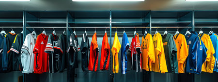 Variety of colorful soccer jerseys hanging in a team locker room. Concept of sportswear, teamwork, football gear, t- shirt.の素材