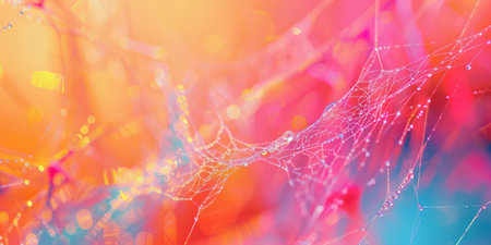 Vibrant dew-covered spider web on a colorful abstract background. Concept of nature, morning dew, intricate patterns, delicate textures. Copy space.の素材