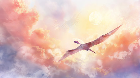 Pterosaur soaring through a vivid sky. Concept of prehistoric creatures, paleontology, dinosaur art.の素材
