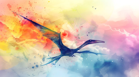 Vibrant watercolor pterosaur soaring through a colorful sky. Concept of prehistoric life, artistic expression, natural history, dinosaur.の素材