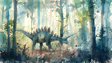 Watercolor painting of a Stegosaurus dinosaur in a misty forest. Concept of prehistoric animals, artistic illustration, nature scenery.の素材