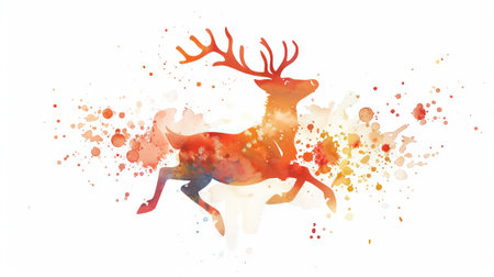 Watercolor painting of a reindeer with a wreath. Concept of Christmas, holiday season, wildlife, festive decoration.の素材