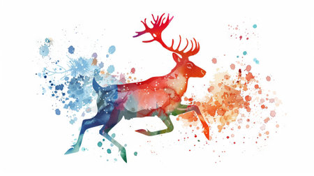Watercolor painting of a reindeer with a wreath. Concept of Christmas, holiday season, wildlife, festive decoration.の素材