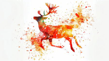 Watercolor painting of a reindeer with a wreath. Concept of Christmas, holiday season, wildlife, festive decoration.の素材