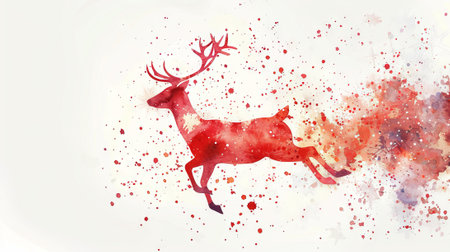 Colorful watercolor silhouette of a leaping reindeer surrounded by abstract splashes. Concept of wildlife, nature, artistic design, festive imagery.の素材