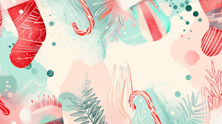 Watercolor Holiday Socks and Ornaments with Snowy Background. Concept of Christmas decoration, festive season, artistic illustration, abstract backdrop. Copy space.の素材