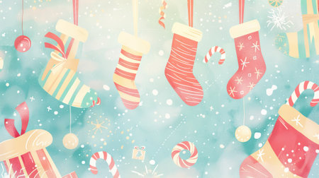 Watercolor Holiday Socks and Ornaments with Snowy Background. Concept of Christmas decoration, festive season, artistic illustration, abstract backdrop. Copy space.の素材