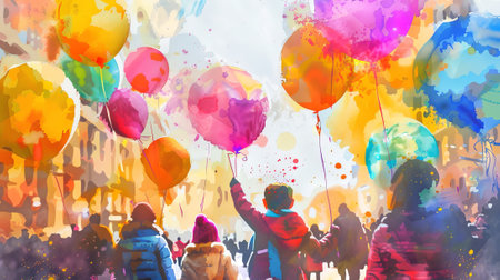 Watercolor painting of children holding balloons at a festive street celebration. Concept of childhood joy, public festivity, artistic expression, Thanksgiving parade. Copy space.の素材