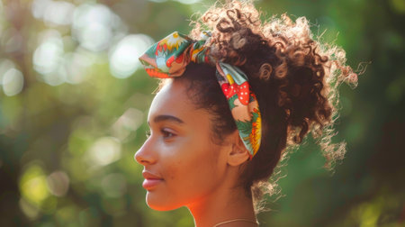 Young African American woman wearing colorful headwrap outdoors, Concept of beauty, culture, and nature. Copy space.の素材