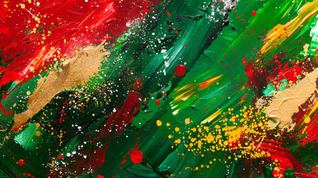 Abstract colorful acrylic painting with red, green, and gold strokes. Concept of modern art, creative expression, vibrant wall decor. Abstract background in Christmas colors. Copy space.の素材