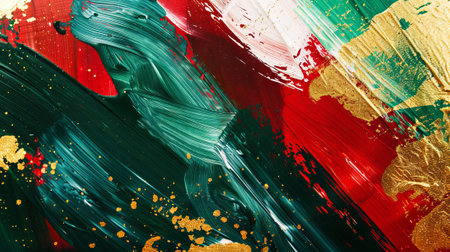 Abstract colorful acrylic painting with red, green, and gold strokes. Concept of modern art, creative expression, vibrant wall decor. Abstract background in Christmas colors. Copy space.の素材