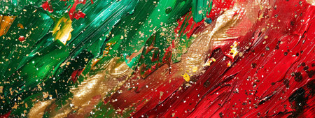 Colorful abstract acrylic painting with vibrant splashes on canvas. Concept of modern art, artistic expression, creativity. Abstract background in Christmas colors. Copy space. Banner.の素材