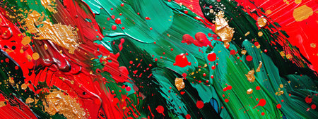 Colorful abstract acrylic painting with vibrant splashes on canvas. Concept of modern art, artistic expression, creativity. Abstract background in Christmas colors. Copy space. Banner.の素材