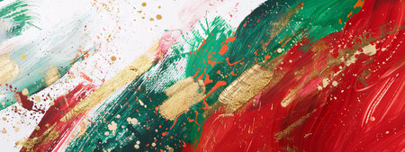 Colorful abstract acrylic painting with vibrant splashes on canvas. Concept of modern art, artistic expression, creativity. Abstract background in Christmas colors. Copy space. Banner.の素材