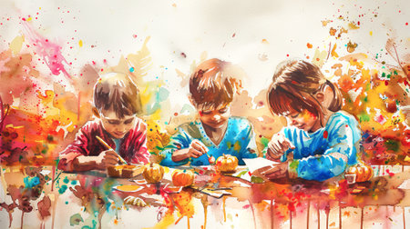 Three children creating crafts on a sunny autumn day with vibrant watercolor splashes. Concept of childhood creativity, art projects, colorful imagination, teamwork, activity.の素材