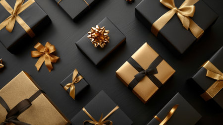 Elegant black and gold gift boxes on a textured background. Concept of luxury gifts, celebration, festive occasion.の素材