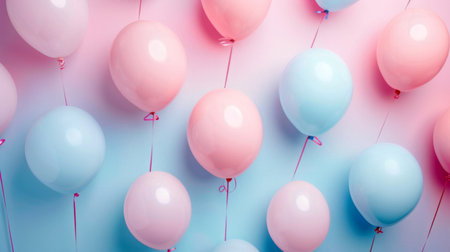 Pastel blue and pink balloons on a soft background. Concept of celebration, birthday party, decoration. Copy space.の素材