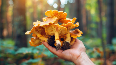 Hand Holding Freshly Picked Orange Chanterelle Mushrooms in a Sunlit Forest. Concept of Foraging, Nature, Wild Edibles, Outdoor Adventure.の素材