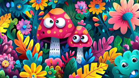 Whimsical cartoon mushrooms in a vibrant fantasy forest. Concept of magic mushrooms, nature, enchanted woods, playful scenery.の素材