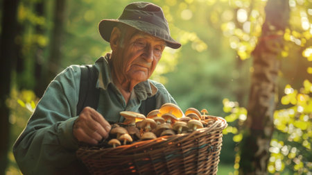 Elderly White Man in Forest Holding Basket of Mushrooms. Concept of foraging, nature, elderly activity, outdoor adventure.の素材