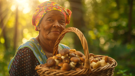 African American elderly woman holding a basket of mushrooms in a forest. Concept of senior, nature, foraging, outdoors.. Copy space.の素材